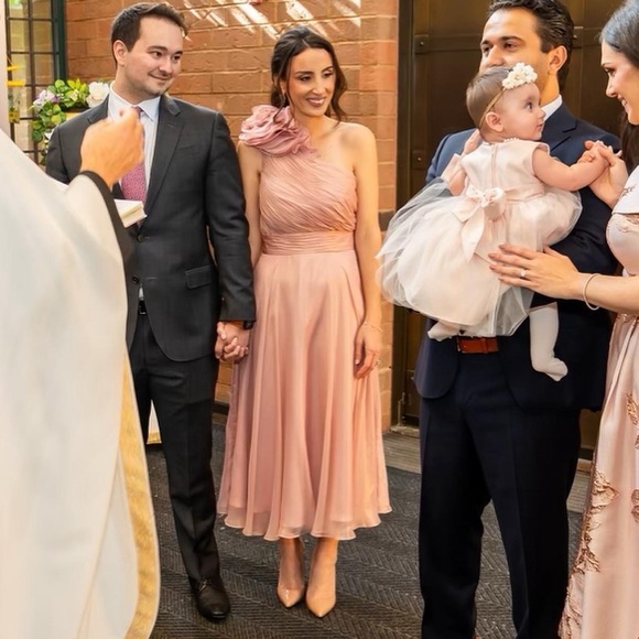 Mac Duggal ROSETTE ONE SHOULDER TEA LENGTH DRESS - Picture 3 of 3